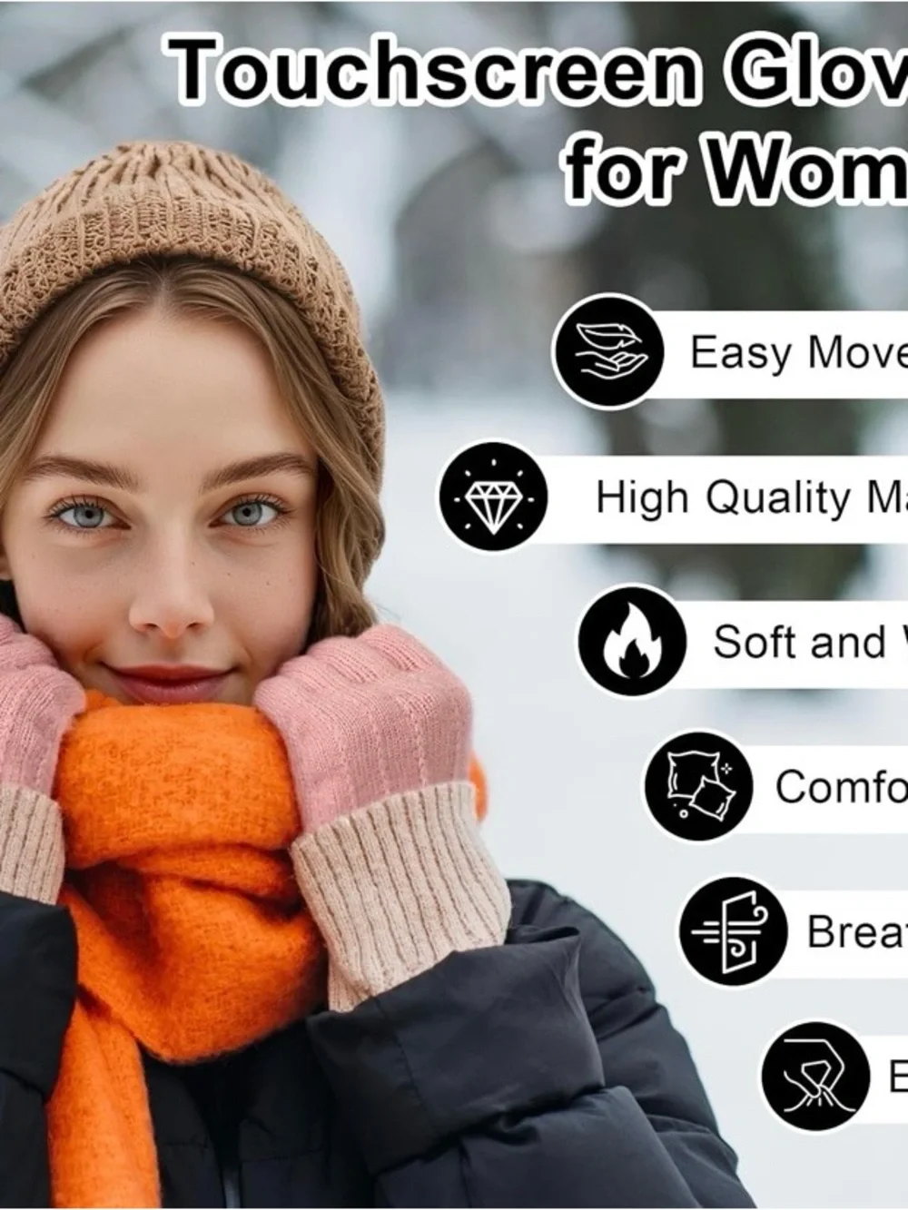 Clothirily Women Winter Gloves 2 Pair Black Orange Touchscreen Thermal Warm